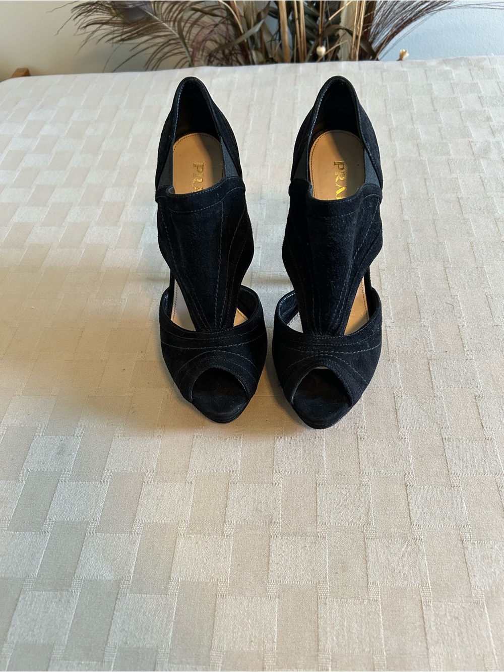 Prada Suede Cut Out Peep Toe Heeled Booties - Picture 3 of 15
